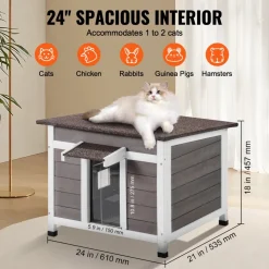VEVOR Outdoor Cat House Weatherproof, Feral Cat Shelter for Multiple Cats, Outdoor Wooden Cat Rabbit House with a Window, Open Roof and PVC Door Flaps, 24"L x 21"W x 18"H