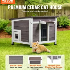 VEVOR Outdoor Cat House Weatherproof, Feral Cat Shelter for Multiple Cats, Outdoor Wooden Cat Rabbit House with a Window, Open Roof and PVC Door Flaps, 24
