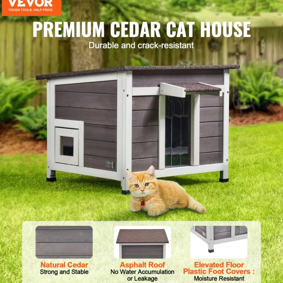 VEVOR Outdoor Cat House Weatherproof, Feral Cat Shelter for Multiple Cats, Outdoor Wooden Cat Rabbit House with a Window, Open Roof and PVC Door Flaps, 24"L x 21"W x 18"H