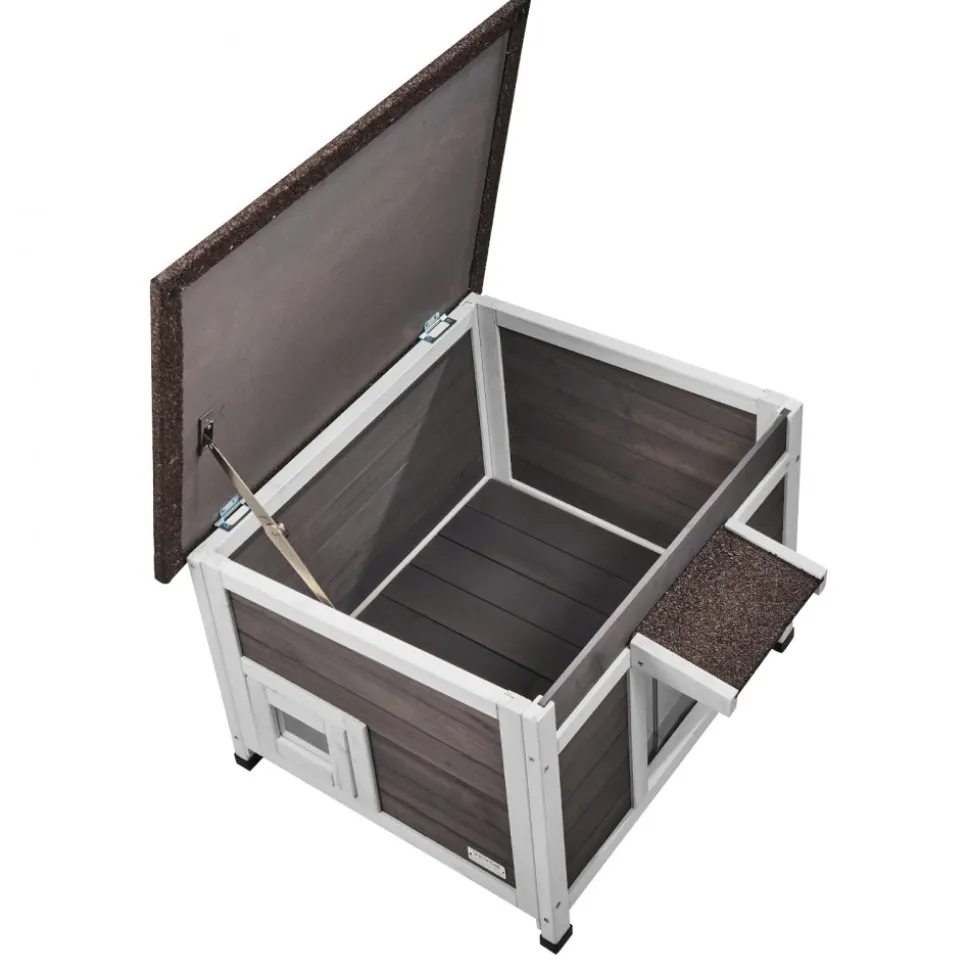 VEVOR Outdoor Cat House Weatherproof, Feral Cat Shelter for Multiple Cats, Outdoor Wooden Cat Rabbit House with a Window, Open Roof and PVC Door Flaps, 24"L x 21"W x 18"H