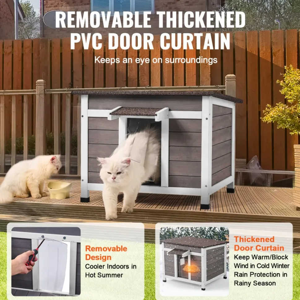 VEVOR Outdoor Cat House Weatherproof, Feral Cat Shelter for Multiple Cats, Outdoor Wooden Cat Rabbit House with a Window, Open Roof and PVC Door Flaps, 24"L x 21"W x 18"H