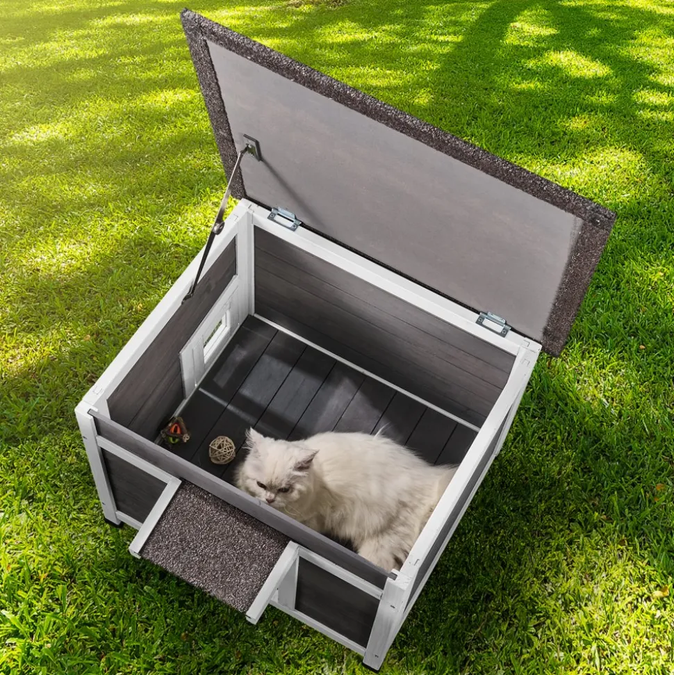 VEVOR Outdoor Cat House Weatherproof, Feral Cat Shelter for Multiple Cats, Outdoor Wooden Cat Rabbit House with a Window, Open Roof and PVC Door Flaps, 24"L x 21"W x 18"H