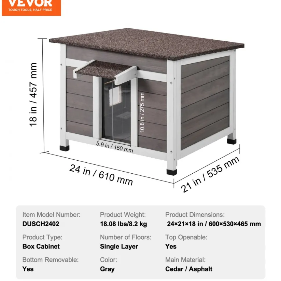 VEVOR Outdoor Cat House Weatherproof, Feral Cat Shelter for Multiple Cats, Outdoor Wooden Cat Rabbit House with a Window, Open Roof and PVC Door Flaps, 24"L x 21"W x 18"H