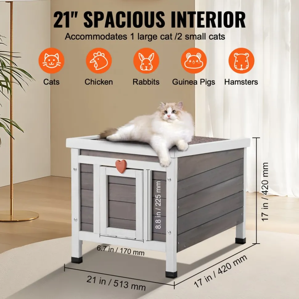 VEVOR Outdoor Cat House Weatherproof, Feral Cat Shelter for Multiple Cats, Outdoor Wooden Cat Rabbit House with PVC Door Flaps and Open Roof, 21"L x 17"W x 17"H