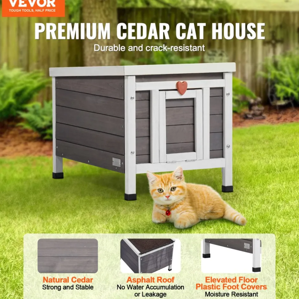 VEVOR Outdoor Cat House Weatherproof, Feral Cat Shelter for Multiple Cats, Outdoor Wooden Cat Rabbit House with PVC Door Flaps and Open Roof, 21"L x 17"W x 17"H