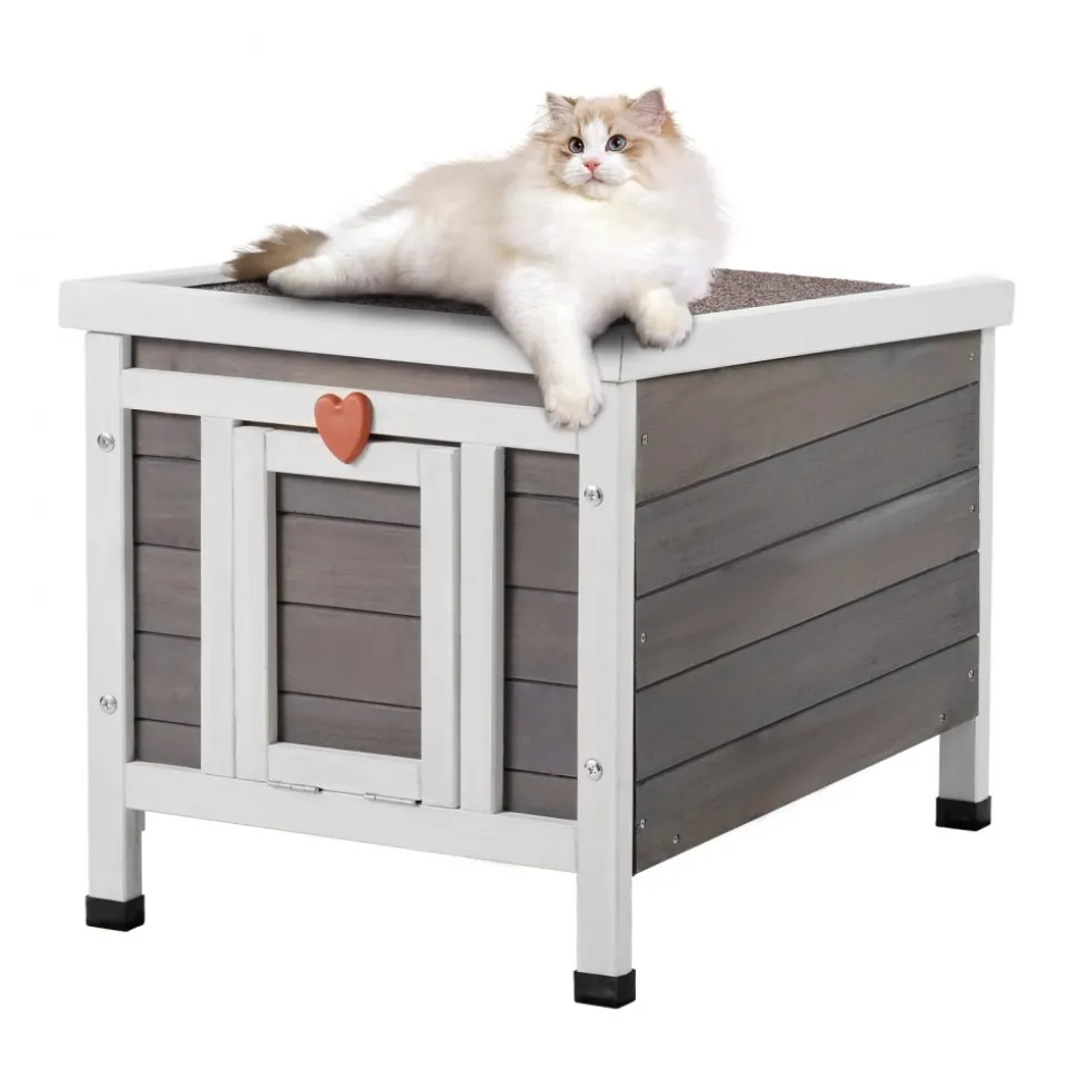 VEVOR Outdoor Cat House Weatherproof, Feral Cat Shelter for Multiple Cats, Outdoor Wooden Cat Rabbit House with PVC Door Flaps and Open Roof, 21"L x 17"W x 17"H