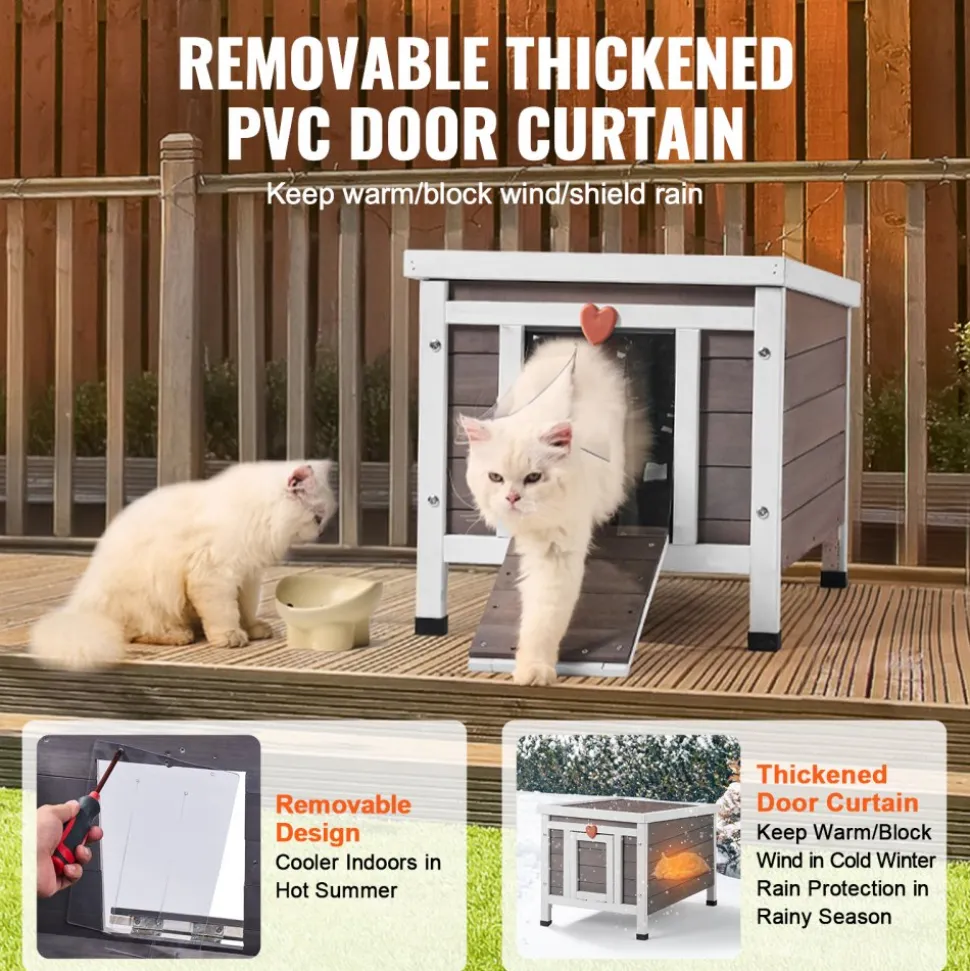 VEVOR Outdoor Cat House Weatherproof, Feral Cat Shelter for Multiple Cats, Outdoor Wooden Cat Rabbit House with PVC Door Flaps and Open Roof, 21"L x 17"W x 17"H