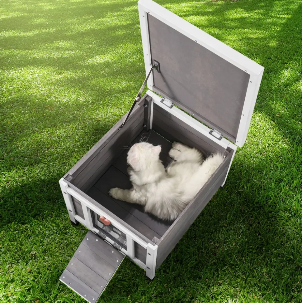 VEVOR Outdoor Cat House Weatherproof, Feral Cat Shelter for Multiple Cats, Outdoor Wooden Cat Rabbit House with PVC Door Flaps and Open Roof, 21"L x 17"W x 17"H