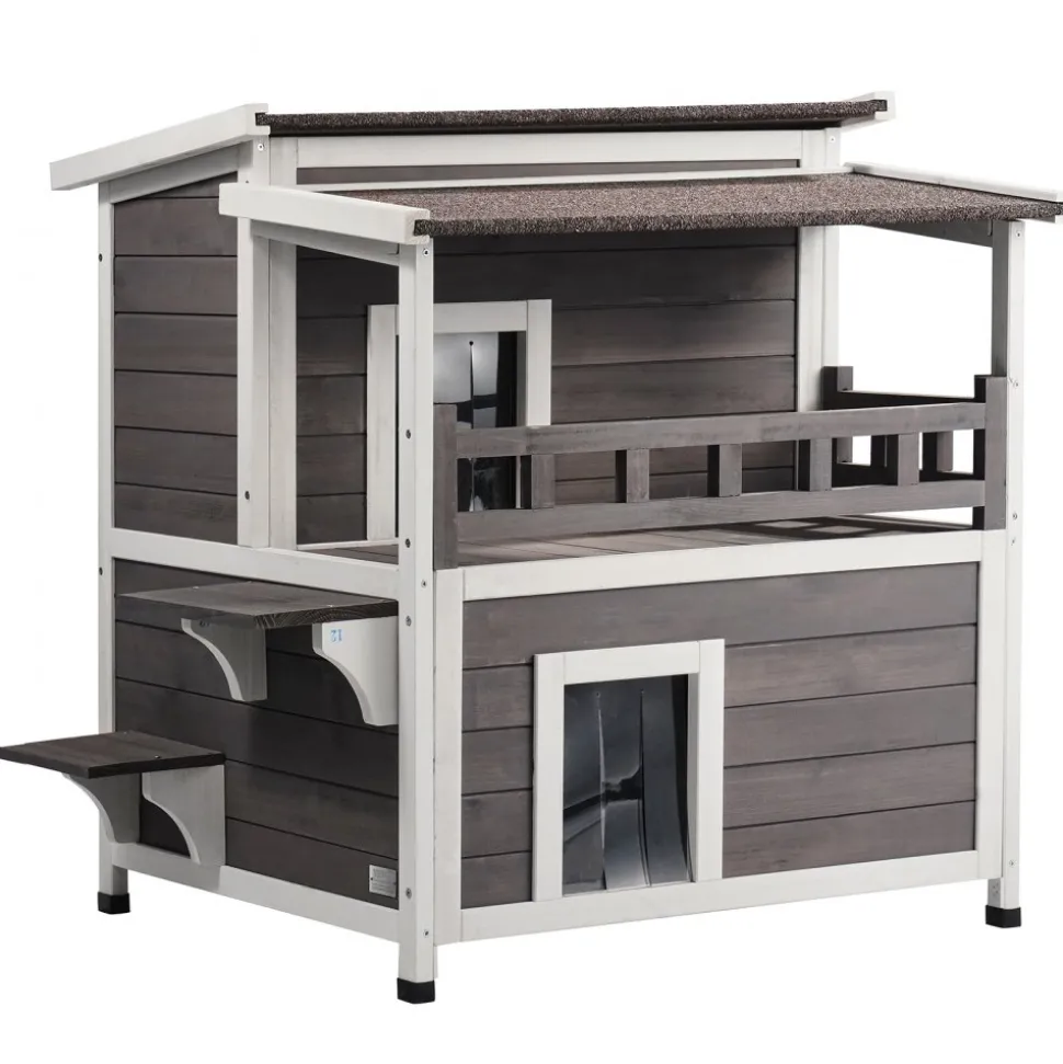 VEVOR Outdoor Cat House Weatherproof, Feral Cat Shelter for Multiple Cats, 2-story Large Outdoor Wooden Cat House with Balcony, Doors, PVC Door Flaps and Open Roof, 30"L x 30"W x 32"H