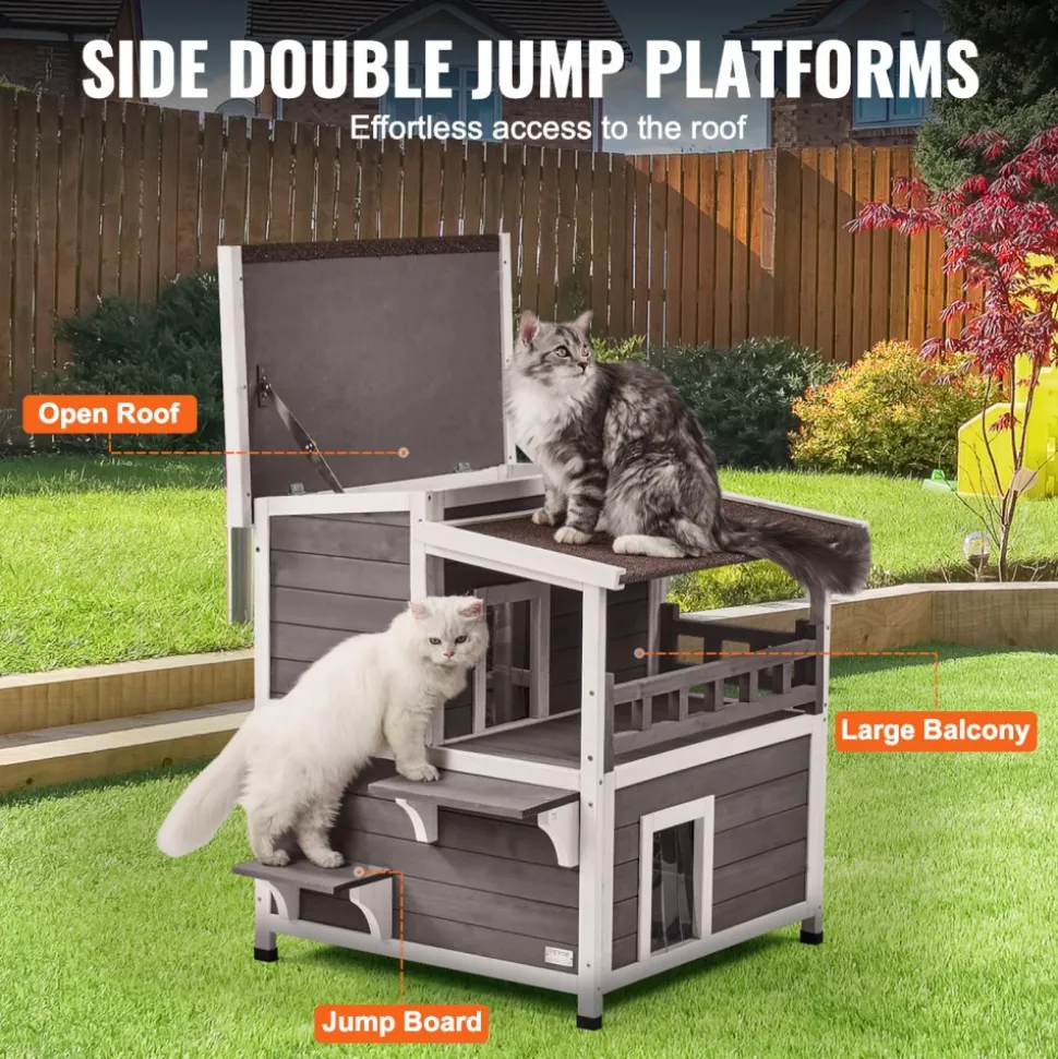VEVOR Outdoor Cat House Weatherproof, Feral Cat Shelter for Multiple Cats, 2-story Large Outdoor Wooden Cat House with Balcony, Doors, PVC Door Flaps and Open Roof, 30"L x 30"W x 32"H