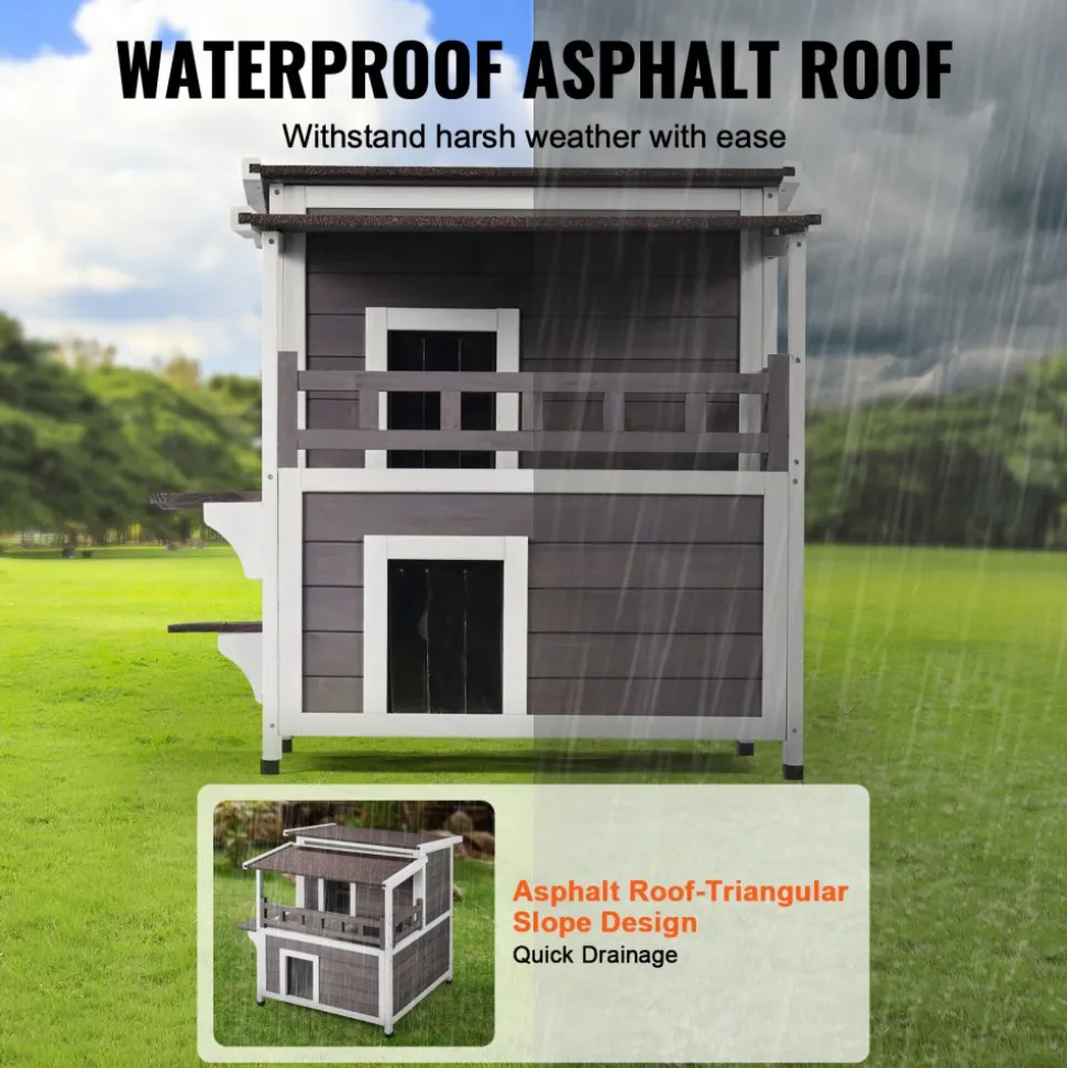 VEVOR Outdoor Cat House Weatherproof, Feral Cat Shelter for Multiple Cats, 2-story Large Outdoor Wooden Cat House with Balcony, Doors, PVC Door Flaps and Open Roof, 30"L x 30"W x 32"H