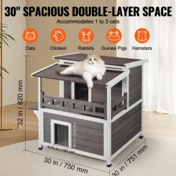 VEVOR Outdoor Cat House Weatherproof, Feral Cat Shelter for Multiple Cats, 2-story Large Outdoor Wooden Cat House with Balcony, Doors, PVC Door Flaps and Open Roof, 30
