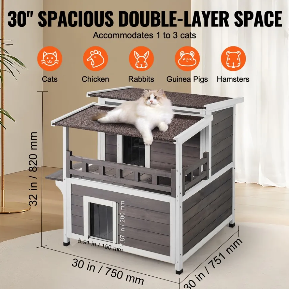 VEVOR Outdoor Cat House Weatherproof, Feral Cat Shelter for Multiple Cats, 2-story Large Outdoor Wooden Cat House with Balcony, Doors, PVC Door Flaps and Open Roof, 30"L x 30"W x 32"H