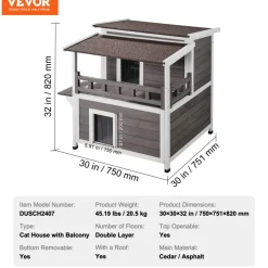 VEVOR Outdoor Cat House Weatherproof, Feral Cat Shelter for Multiple Cats, 2-story Large Outdoor Wooden Cat House with Balcony, Doors, PVC Door Flaps and Open Roof, 30