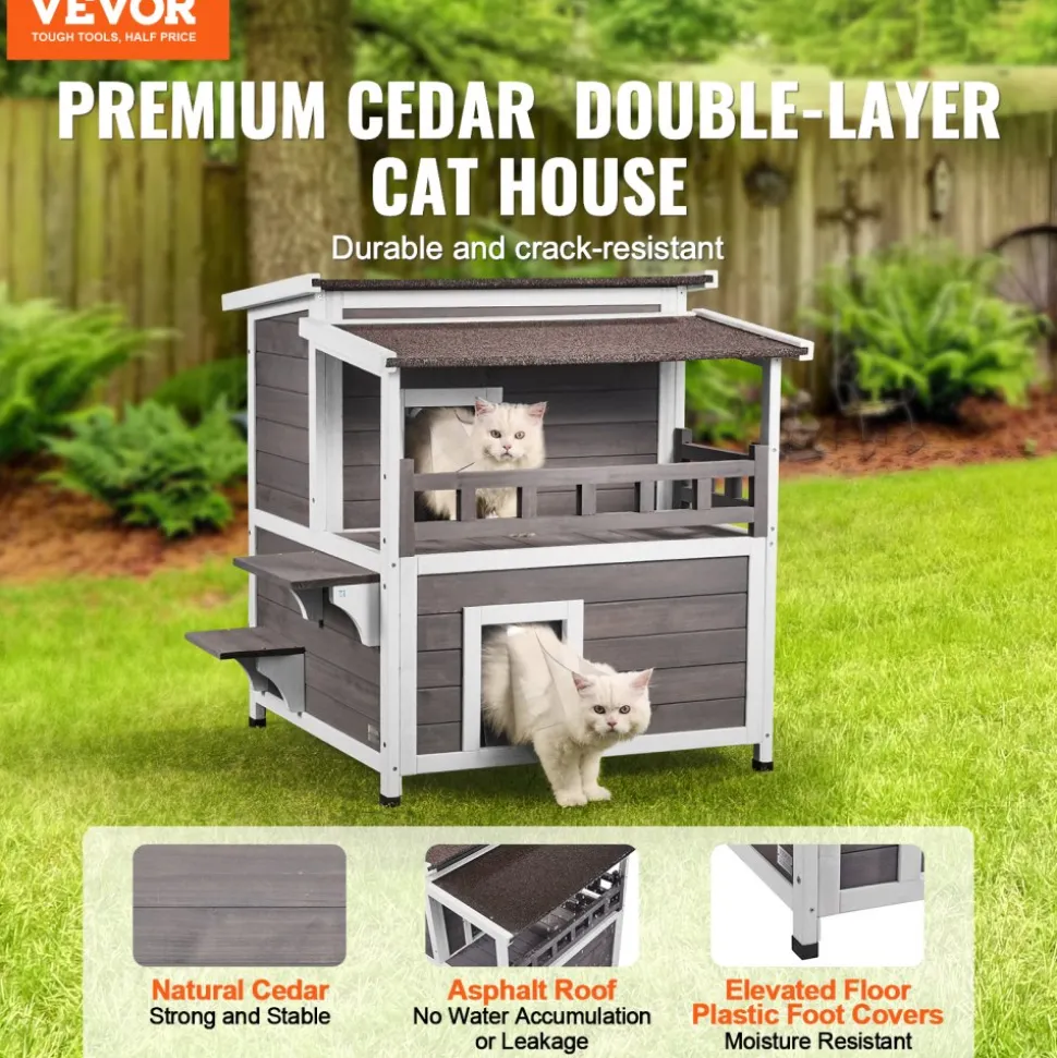 VEVOR Outdoor Cat House Weatherproof, Feral Cat Shelter for Multiple Cats, 2-story Large Outdoor Wooden Cat House with Balcony, Doors, PVC Door Flaps and Open Roof, 30"L x 30"W x 32"H