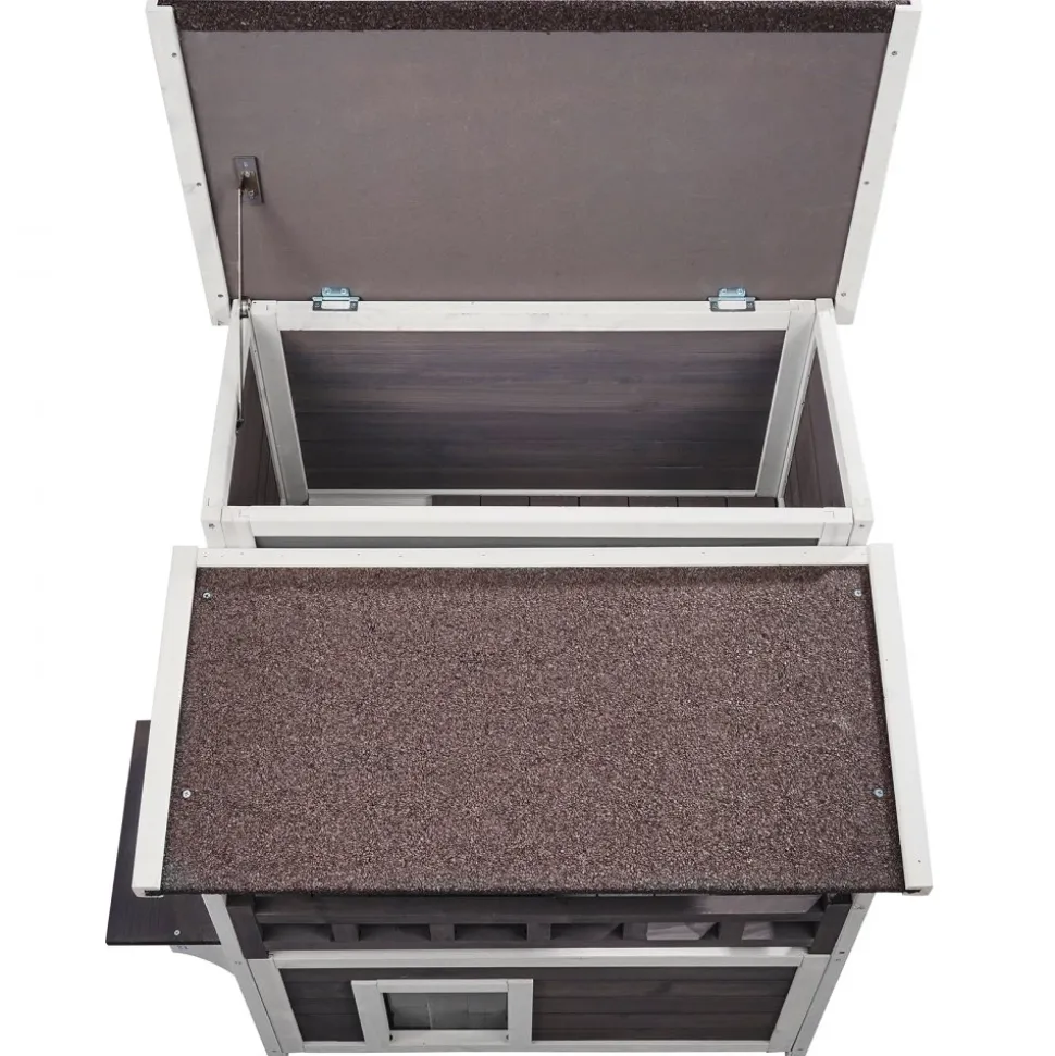 VEVOR Outdoor Cat House Weatherproof, Feral Cat Shelter for Multiple Cats, 2-story Large Outdoor Wooden Cat House with Balcony, Doors, PVC Door Flaps and Open Roof, 30"L x 30"W x 32"H