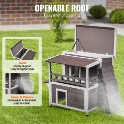 VEVOR Outdoor Cat House Weatherproof, Feral Cat Shelter for Multiple Cats, 2-story Large Outdoor Wooden Cat House with Balcony, Doors, PVC Door Flaps and Open Roof, 30