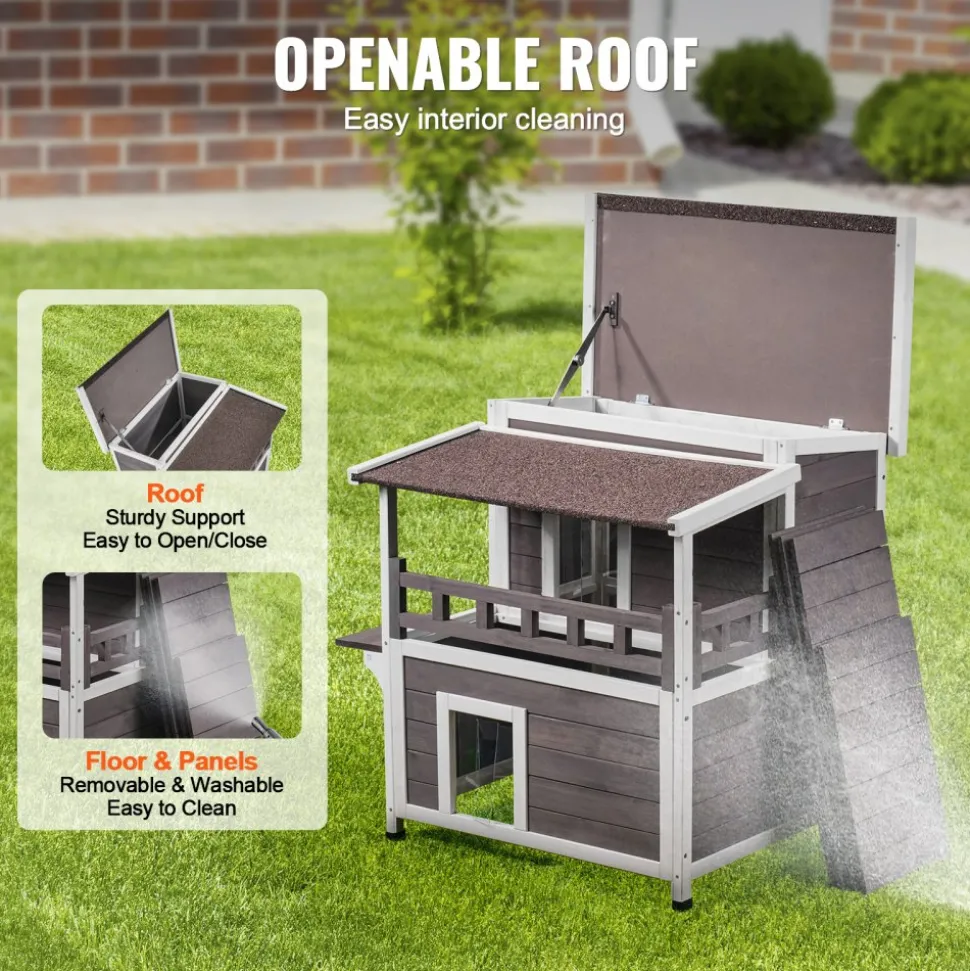 VEVOR Outdoor Cat House Weatherproof, Feral Cat Shelter for Multiple Cats, 2-story Large Outdoor Wooden Cat House with Balcony, Doors, PVC Door Flaps and Open Roof, 30"L x 30"W x 32"H