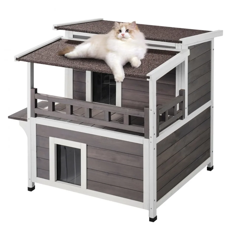 VEVOR Outdoor Cat House Weatherproof, Feral Cat Shelter for Multiple Cats, 2-story Large Outdoor Wooden Cat House with Balcony, Doors, PVC Door Flaps and Open Roof, 30"L x 30"W x 32"H