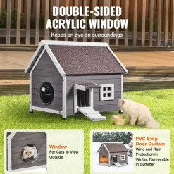 VEVOR Outdoor Cat House Weatherproof, Feral Cat Shelter for Multiple Cats, Outdoor Wooden Cat House with Large Side Door, PVC Door Flaps, Open Roof, Clear Window, 22"L x 30"W x 26"H