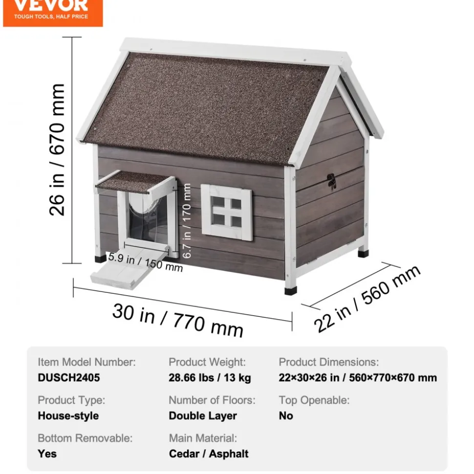 VEVOR Outdoor Cat House Weatherproof, Feral Cat Shelter for Multiple Cats, Outdoor Wooden Cat House with Large Side Door, PVC Door Flaps, Open Roof, Clear Window, 22"L x 30"W x 26"H