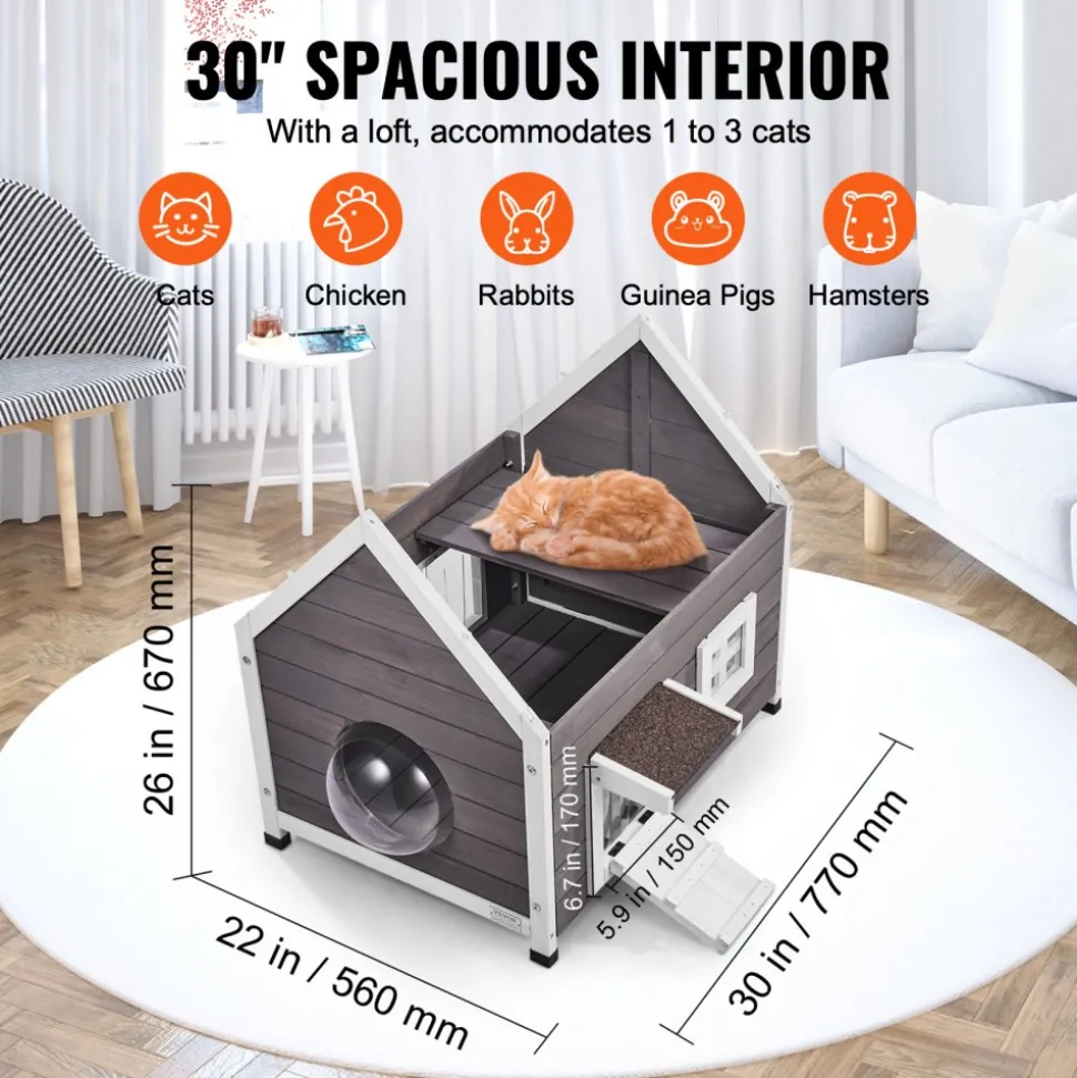 VEVOR Outdoor Cat House Weatherproof, Feral Cat Shelter for Multiple Cats, Outdoor Wooden Cat House with Large Side Door, PVC Door Flaps, Open Roof, Clear Window, 22"L x 30"W x 26"H