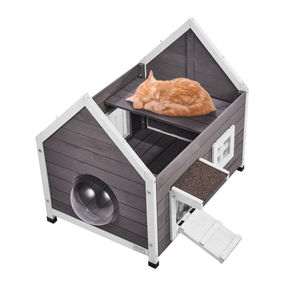 VEVOR Outdoor Cat House Weatherproof, Feral Cat Shelter for Multiple Cats, Outdoor Wooden Cat House with Large Side Door, PVC Door Flaps, Open Roof, Clear Window, 22"L x 30"W x 26"H