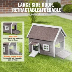VEVOR Outdoor Cat House Weatherproof, Feral Cat Shelter for Multiple Cats, Outdoor Wooden Cat House with Large Side Door, PVC Door Flaps, Open Roof, Clear Window, 22