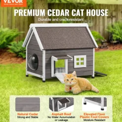 VEVOR Outdoor Cat House Weatherproof, Feral Cat Shelter for Multiple Cats, Outdoor Wooden Cat House with Large Side Door, PVC Door Flaps, Open Roof, Clear Window, 22