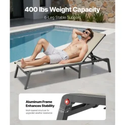 VEVOR Outdoor Chaise Lounge Chair Set of 2, 400 lbs Weight Capacity, Foldable Sun Tanning Chair, 5 Adjustable Positions, Easy Assembly, Aluminum Pool Recliner Lounge Chairs, for Beach Yard Patio