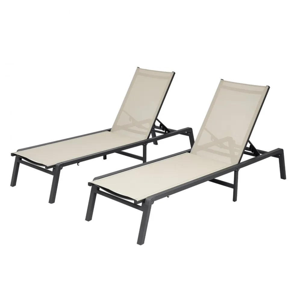 VEVOR Outdoor Chaise Lounge Chair Set of 2, 400 lbs Weight Capacity, Foldable Sun Tanning Chair, 5 Adjustable Positions, Easy Assembly, Aluminum Pool Recliner Lounge Chairs, for Beach Yard Patio