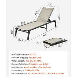 VEVOR Outdoor Chaise Lounge Chair, 400 lbs Weight Capacity, Foldable Sun Tanning Chair, 5 Adjustable Positions, Easy Assembly, Heavy Duty Aluminum Pool Recliner Lounge Chairs, for Beach Yard Patio