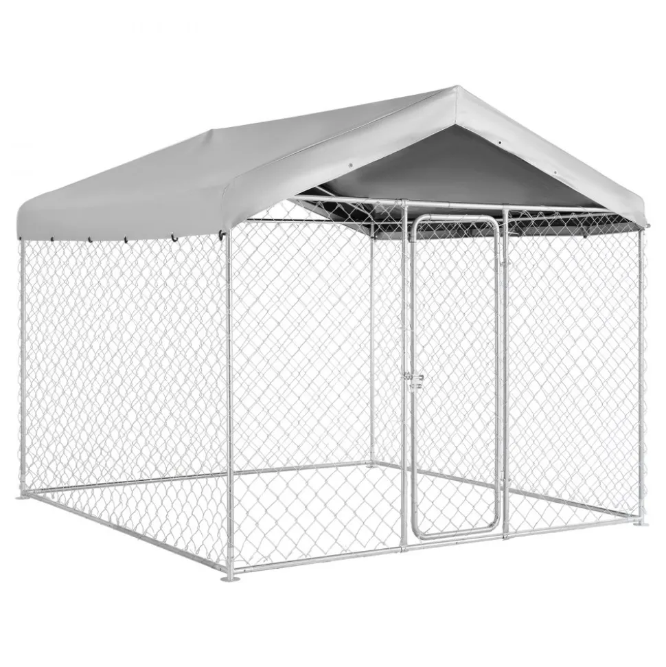 VEVOR Outdoor Dog Kennel, 7.55 x 7.55 x 7.05 ft Large Dog Kennel with Secure Lock, Outside Dogs Enclosures with UV-Resistant & Waterproof Roof Cover, Heavy Duty Pet Crate Cage Run for Large Dogs