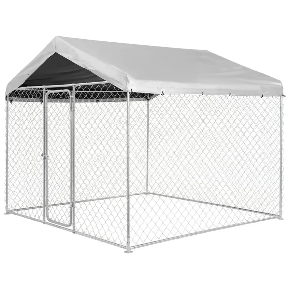 VEVOR Outdoor Dog Kennel, 7.55 x 7.55 x 7.05 ft Large Dog Kennel with Secure Lock, Outside Dogs Enclosures with UV-Resistant & Waterproof Roof Cover, Heavy Duty Pet Crate Cage Run for Large Dogs
