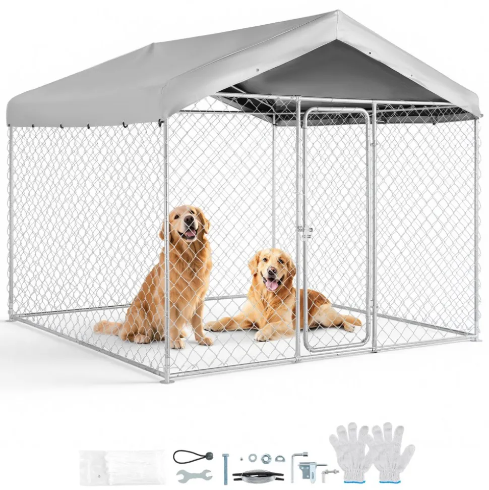 VEVOR Outdoor Dog Kennel, 7.55 x 7.55 x 7.05 ft Large Dog Kennel with Secure Lock, Outside Dogs Enclosures with UV-Resistant & Waterproof Roof Cover, Heavy Duty Pet Crate Cage Run for Large Dogs