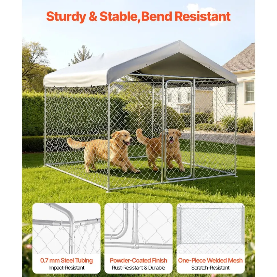 VEVOR Outdoor Dog Kennel, 7.55 x 7.55 x 7.05 ft Large Dog Kennel with Secure Lock, Outside Dogs Enclosures with UV-Resistant & Waterproof Roof Cover, Heavy Duty Pet Crate Cage Run for Large Dogs