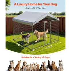VEVOR Outdoor Dog Kennel, 7.55 x 7.55 x 7.05 ft Large Dog Kennel with Secure Lock, Outside Dogs Enclosures with UV-Resistant & Waterproof Roof Cover, Heavy Duty Pet Crate Cage Run for Large Dogs