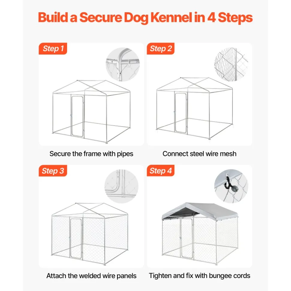 VEVOR Outdoor Dog Kennel, 7.55 x 7.55 x 7.05 ft Large Dog Kennel with Secure Lock, Outside Dogs Enclosures with UV-Resistant & Waterproof Roof Cover, Heavy Duty Pet Crate Cage Run for Large Dogs