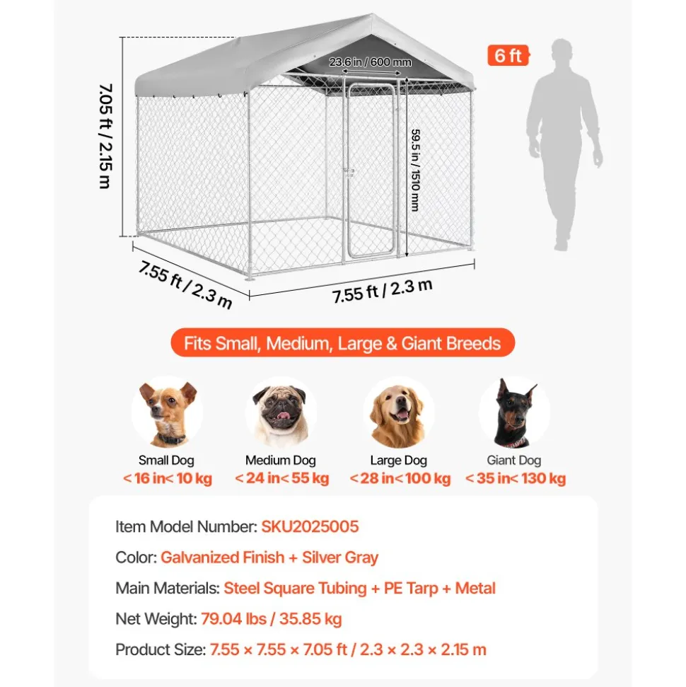 VEVOR Outdoor Dog Kennel, 7.55 x 7.55 x 7.05 ft Large Dog Kennel with Secure Lock, Outside Dogs Enclosures with UV-Resistant & Waterproof Roof Cover, Heavy Duty Pet Crate Cage Run for Large Dogs