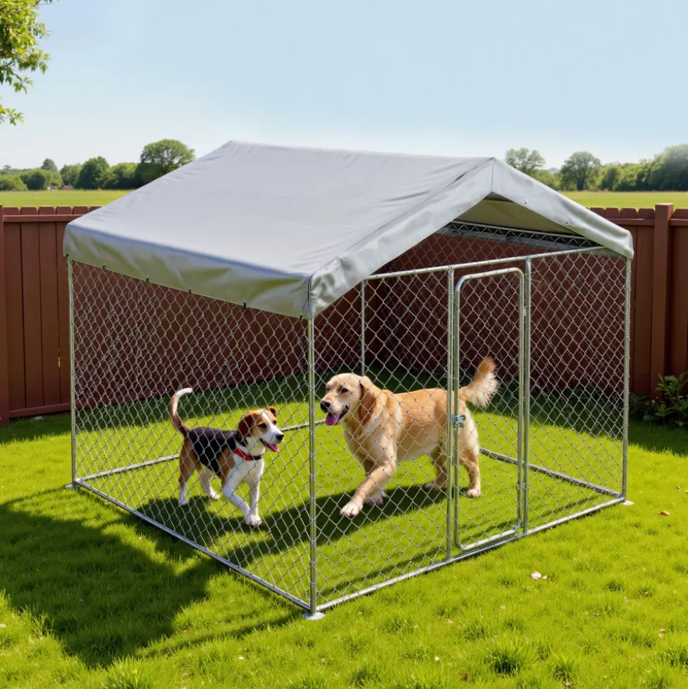 VEVOR Outdoor Dog Kennel, 7.55 x 7.55 x 7.05 ft Large Dog Kennel with Secure Lock, Outside Dogs Enclosures with UV-Resistant & Waterproof Roof Cover, Heavy Duty Pet Crate Cage Run for Large Dogs