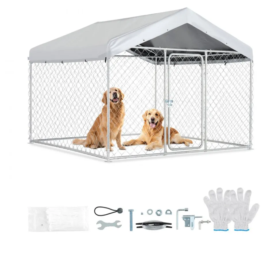 VEVOR Outdoor Dog Kennel, 6.56 x 6.56 x 5.25 ft Large Dog Kennel with Secure Lock, Outside Dogs Enclosures with UV-Resistant & Waterproof Roof Cover, Heavy Duty Pet Crate Cage Run for Large Dogs