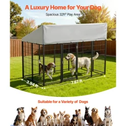 VEVOR Outdoor Dog Kennel, 7.87 x 3.94 x 5.4 ft Large Dog Kennel with Secure Lock, Outside Dogs Enclosures with UV-Resistant & Waterproof Roof Cover, Heavy Duty Pet Crate Cage Run for Large Dogs