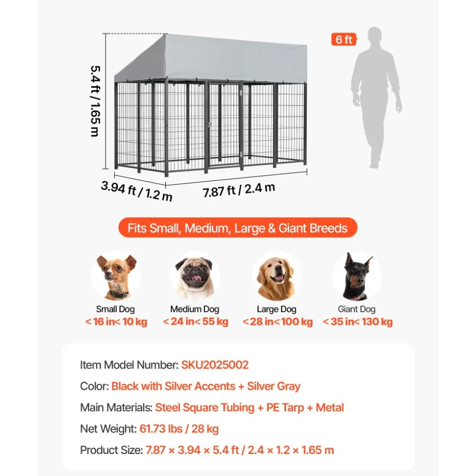 VEVOR Outdoor Dog Kennel, 7.87 x 3.94 x 5.4 ft Large Dog Kennel with Secure Lock, Outside Dogs Enclosures with UV-Resistant & Waterproof Roof Cover, Heavy Duty Pet Crate Cage Run for Large Dogs