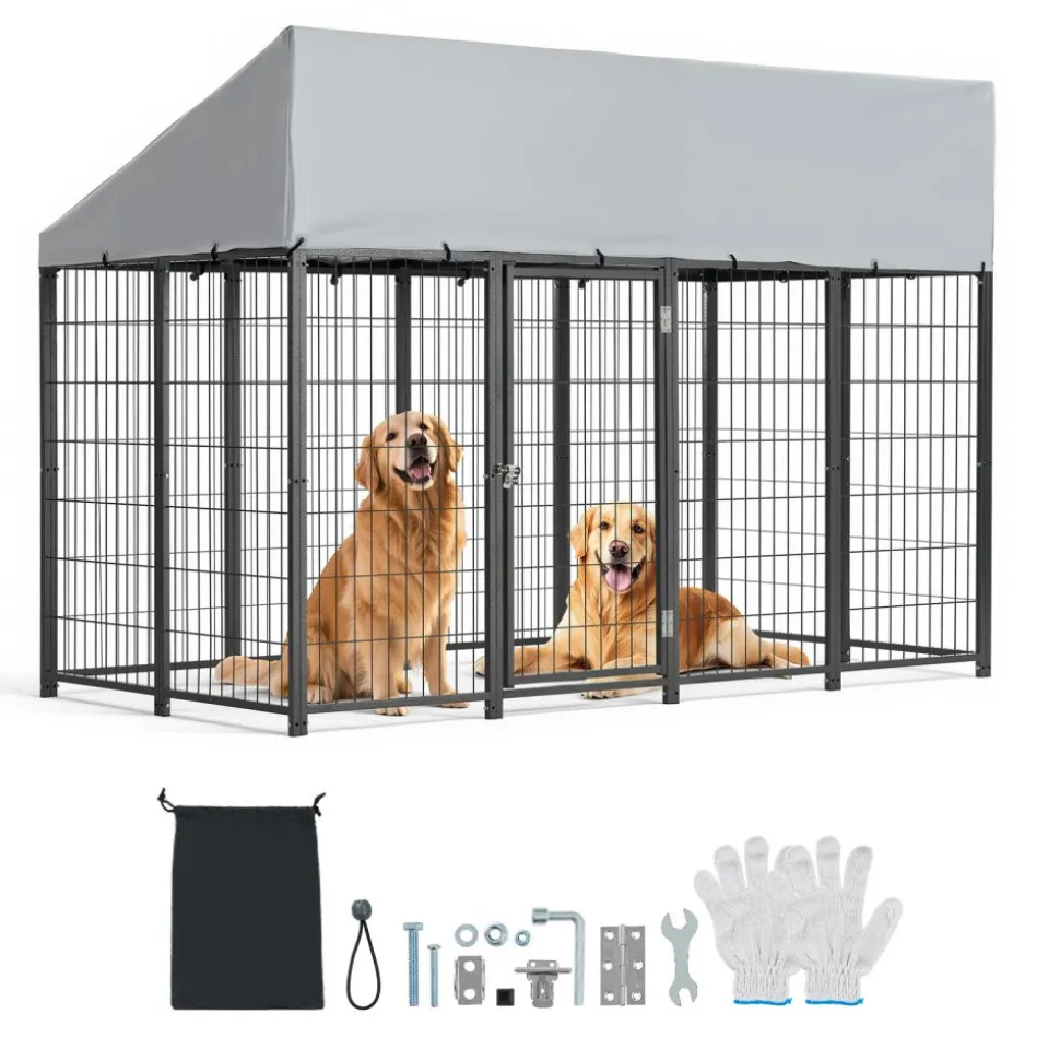 VEVOR Outdoor Dog Kennel, 7.87 x 3.94 x 5.4 ft Large Dog Kennel with Secure Lock, Outside Dogs Enclosures with UV-Resistant & Waterproof Roof Cover, Heavy Duty Pet Crate Cage Run for Large Dogs