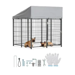 VEVOR Outdoor Dog Kennel, 3.67 x 3.78 x 4.1 ft Large Dog Kennel with Secure Lock, Outside Dogs Enclosures with UV-Resistant & Waterproof Roof Cover, Heavy Duty Pet Crate Cage Run for Large Dogs