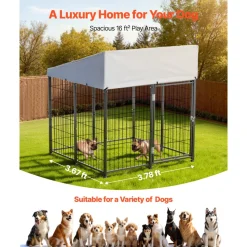 VEVOR Outdoor Dog Kennel, 3.67 x 3.78 x 4.1 ft Large Dog Kennel with Secure Lock, Outside Dogs Enclosures with UV-Resistant & Waterproof Roof Cover, Heavy Duty Pet Crate Cage Run for Large Dogs