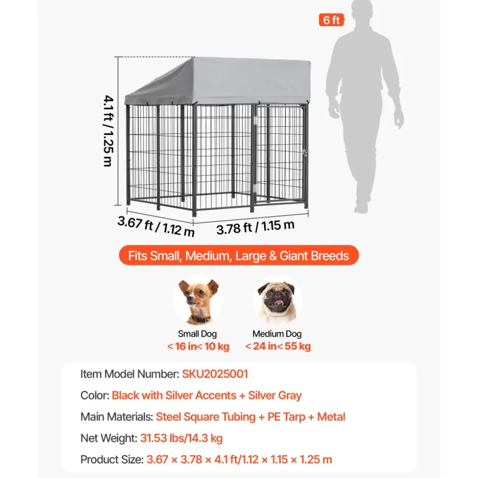 VEVOR Outdoor Dog Kennel, 3.67 x 3.78 x 4.1 ft Large Dog Kennel with Secure Lock, Outside Dogs Enclosures with UV-Resistant & Waterproof Roof Cover, Heavy Duty Pet Crate Cage Run for Large Dogs