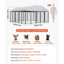 VEVOR Outdoor Dog Kennel, 9.8 x 9.8 x 5.4 ft Large Dog Kennel with Secure Lock, Outside Dogs Enclosures with UV-Resistant & Waterproof Roof Cover, Heavy Duty Pet Crate Cage Run for Large Dogs