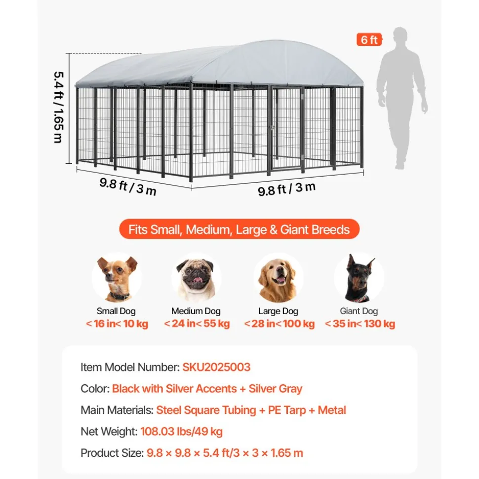 VEVOR Outdoor Dog Kennel, 9.8 x 9.8 x 5.4 ft Large Dog Kennel with Secure Lock, Outside Dogs Enclosures with UV-Resistant & Waterproof Roof Cover, Heavy Duty Pet Crate Cage Run for Large Dogs