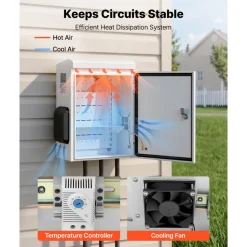 VEVOR Outdoor Electrical Box, Cold-Rolled Steel, Electrical Junction Box with Thermostat and Fan, Rain Hood, Ventilated Design, IP65 Waterproof Hinged Enclosure, Wall/Pole Mounted, 20 x 16 x 8 in